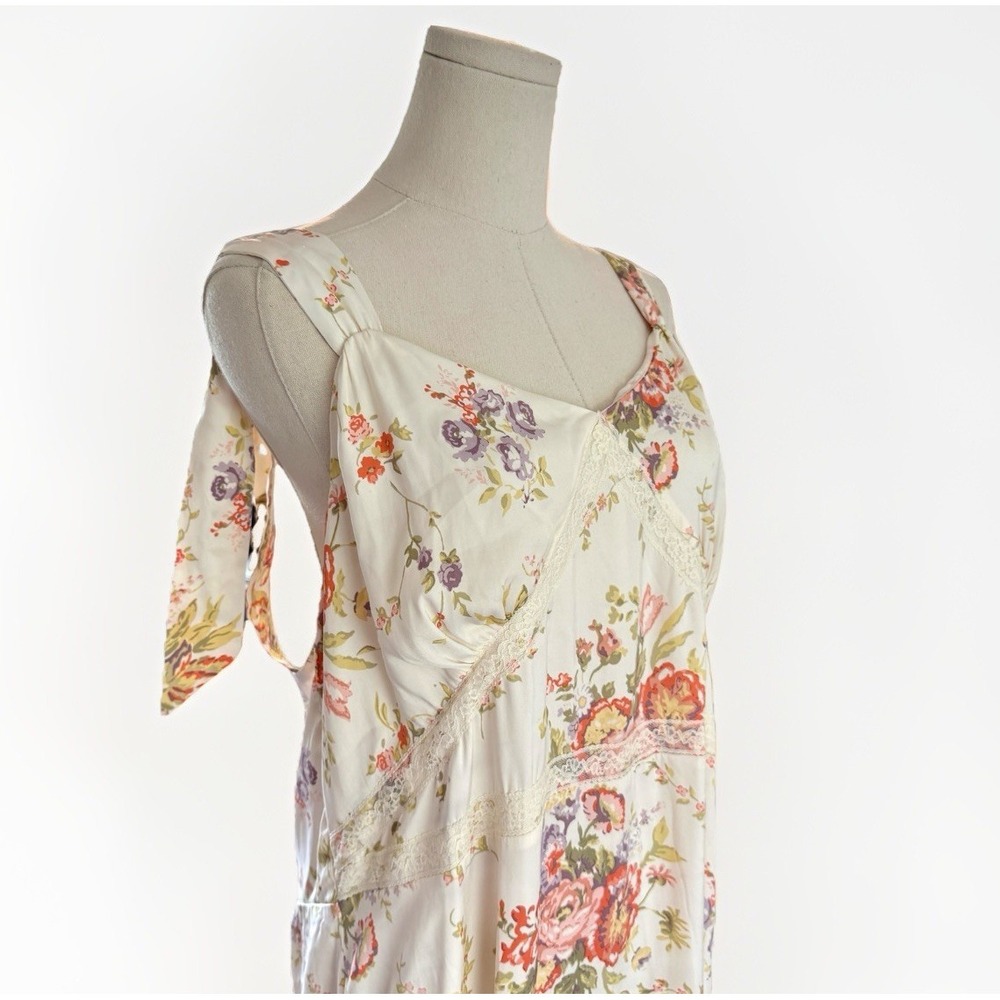LC Floral Maxi Babydoll Dress XXL Cottagecore Romantic Boho Lace Trim Satin Tie